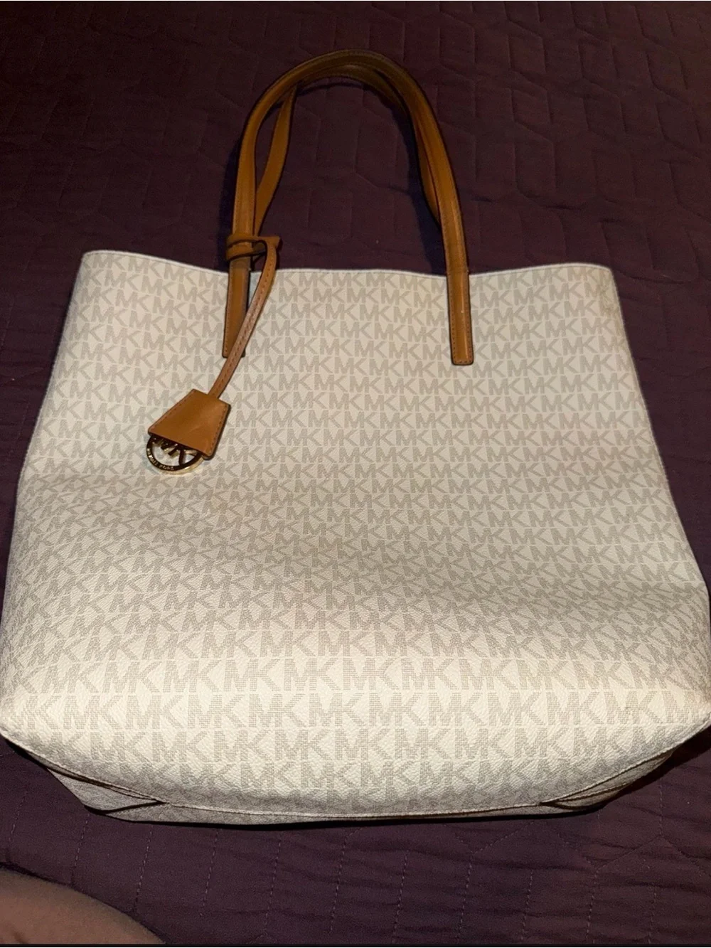 Michael Kors Cream Tote with Tan Leather Handles and Logo Charm